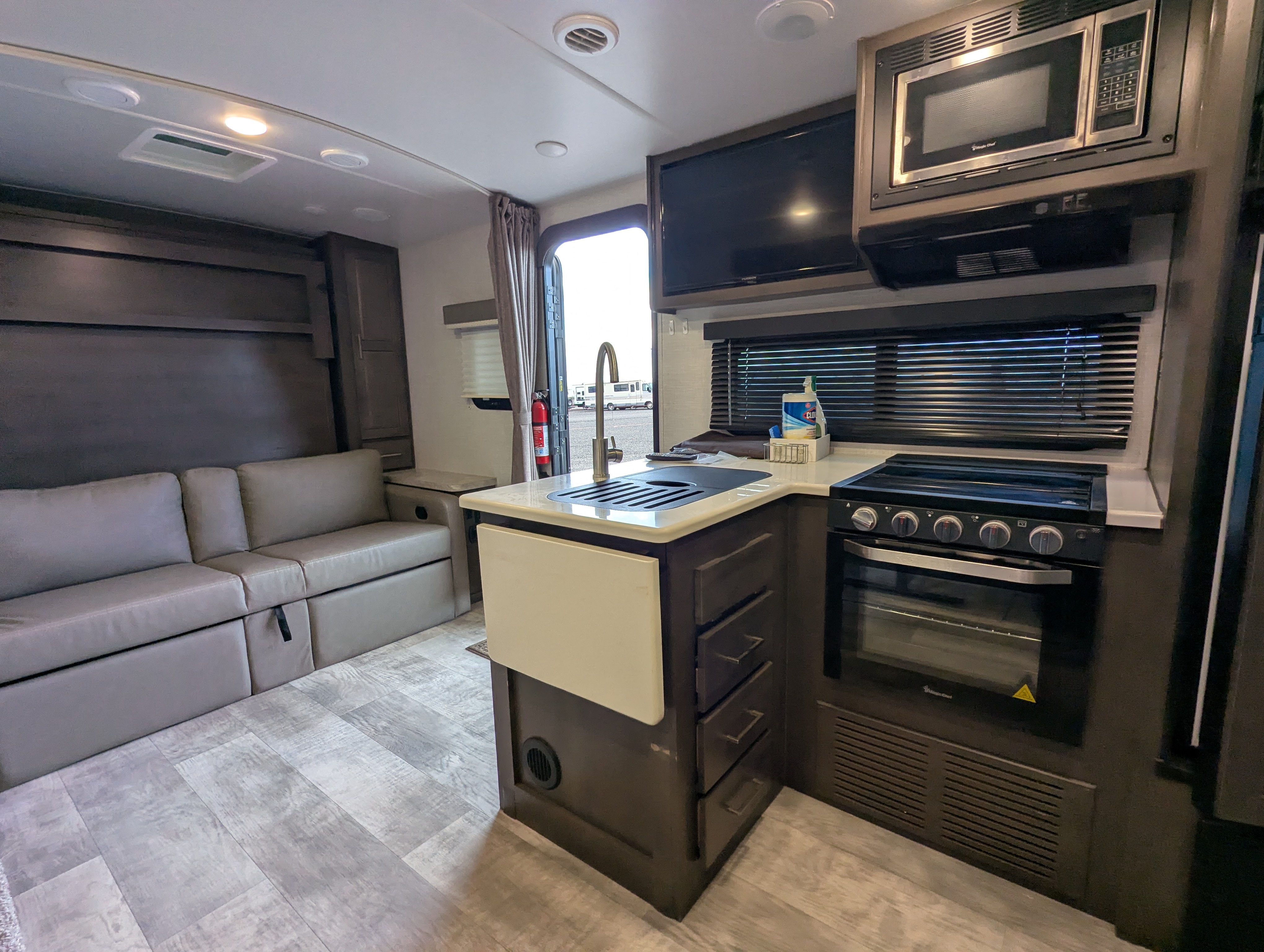 Kitchen and living area from theater seating